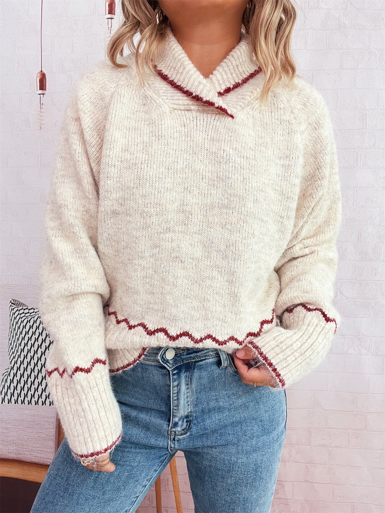 Simple Commute Half Turtleneck Lapel Contrast Color Knitted Pullover Sweater
