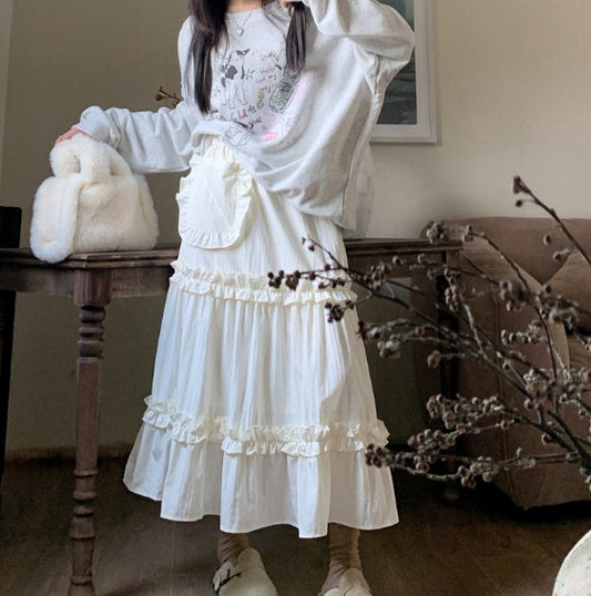 Sweet Elastic High Waist Slimming Wooden Ear Cake Dress Autumn Ruffled Skirt