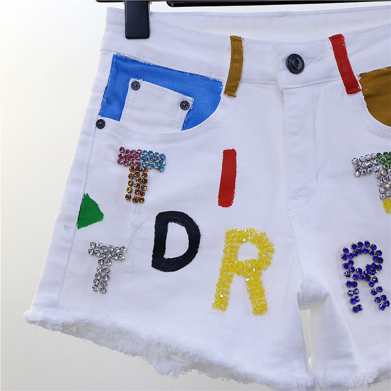 Heavy Industry Letters Diamonds Show Thin Raw Edge Stretch Slim White Denim Shorts