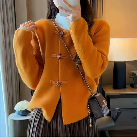 Round Neck Gentle Temperament Horn Button Sweater Coat