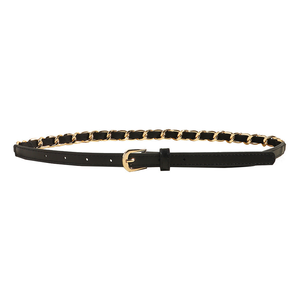 European And American Simple Women's Metal Chain Woven PU Stitching Belt Punk Versatile Simple Waist Chain