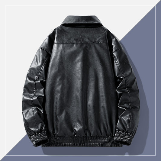Winter Retro Minimalist Casual Lapel Fashionable Fleece-Lined Leather Jacket