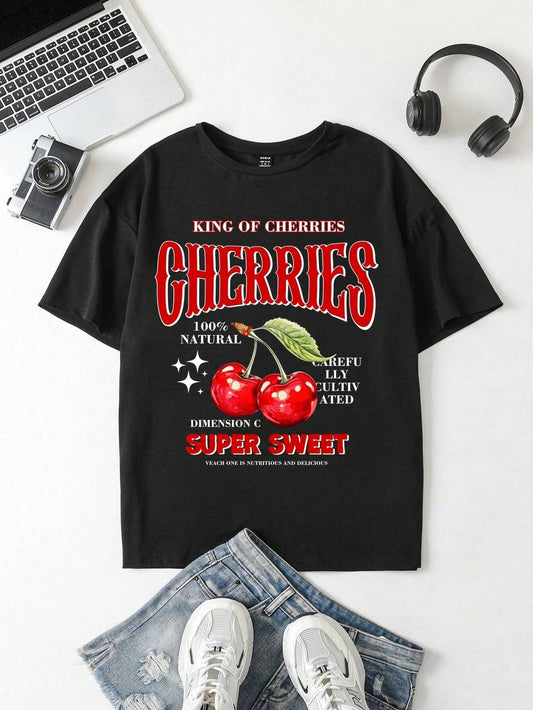 Plus Size Cherry Ocean Shark Print Round Neck Short Sleeve Women's