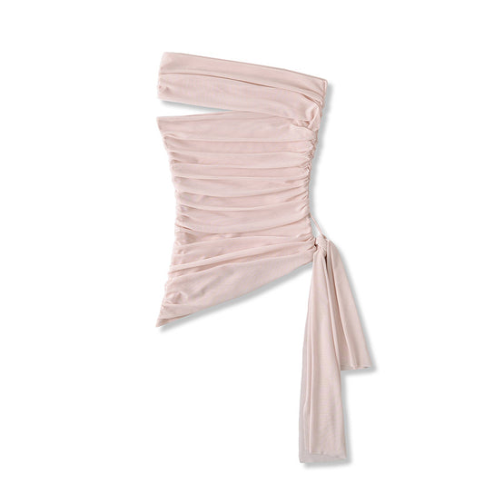 Korean-style Off-shoulder Mesh Top With An Irregular Hem And No Sleeves