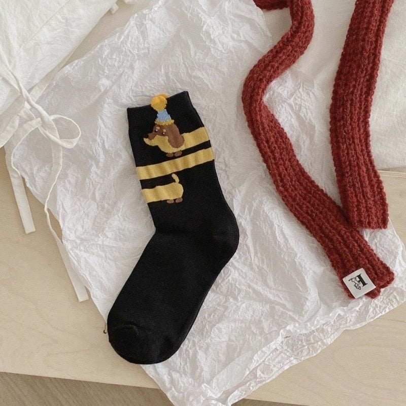 Autumn And Winter Puppy Embroidery Tube Socks Flanging Cartoon Sausage Dog Vertical Bar Bunching Socks