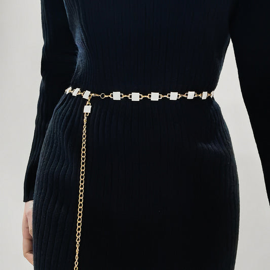 Women's Waist Chain With Dress Waist Waist Decoration Thin Waist Chain Two-color Black And White Checkerboard Elegant Metal Accessories