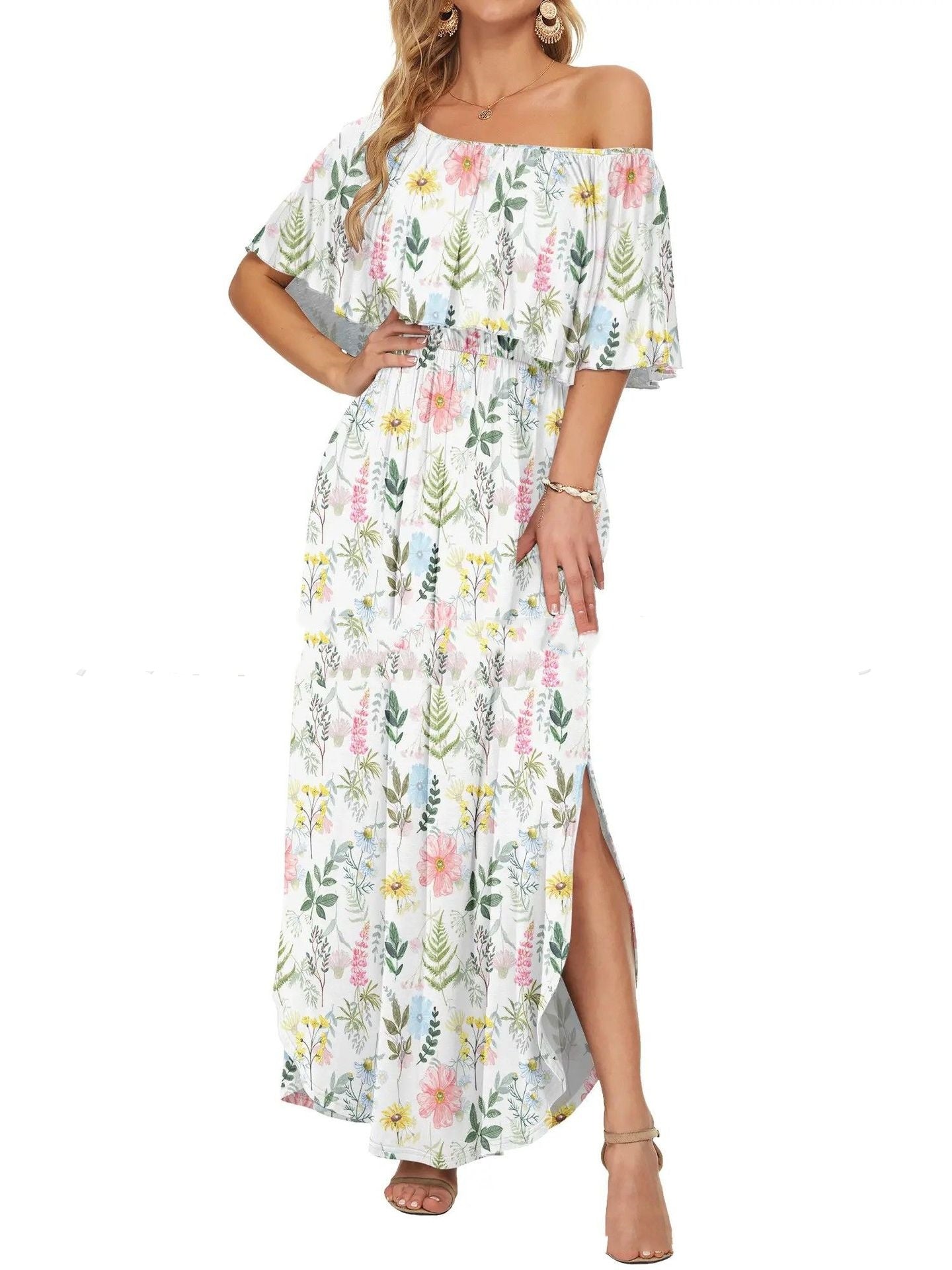 Printet off-shoulder kortærmet maxikjole