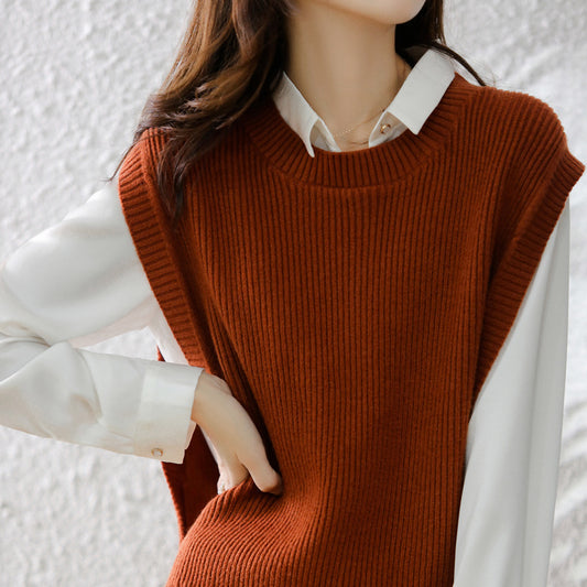 Womens Knitted Crew-Neck Vest Casual Loose-Fit Sleeveless Waistcoat