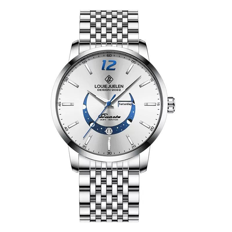 Master Moon Phase Luminous Waterproof Wrist Watch Men's Fashion Genuine Leather Strap Quartz Watch