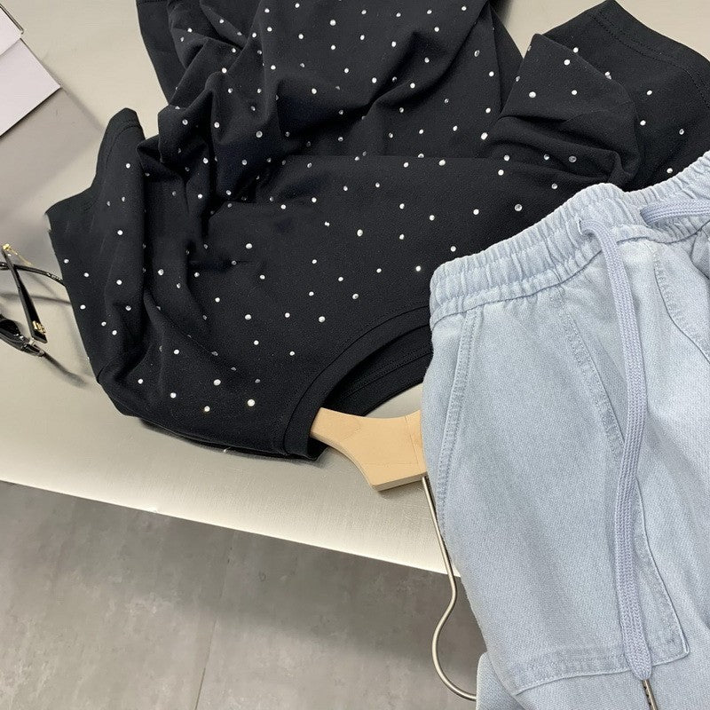 Heavy Industry Rhinestone Hot Fixed Short Sleeve T-shirt