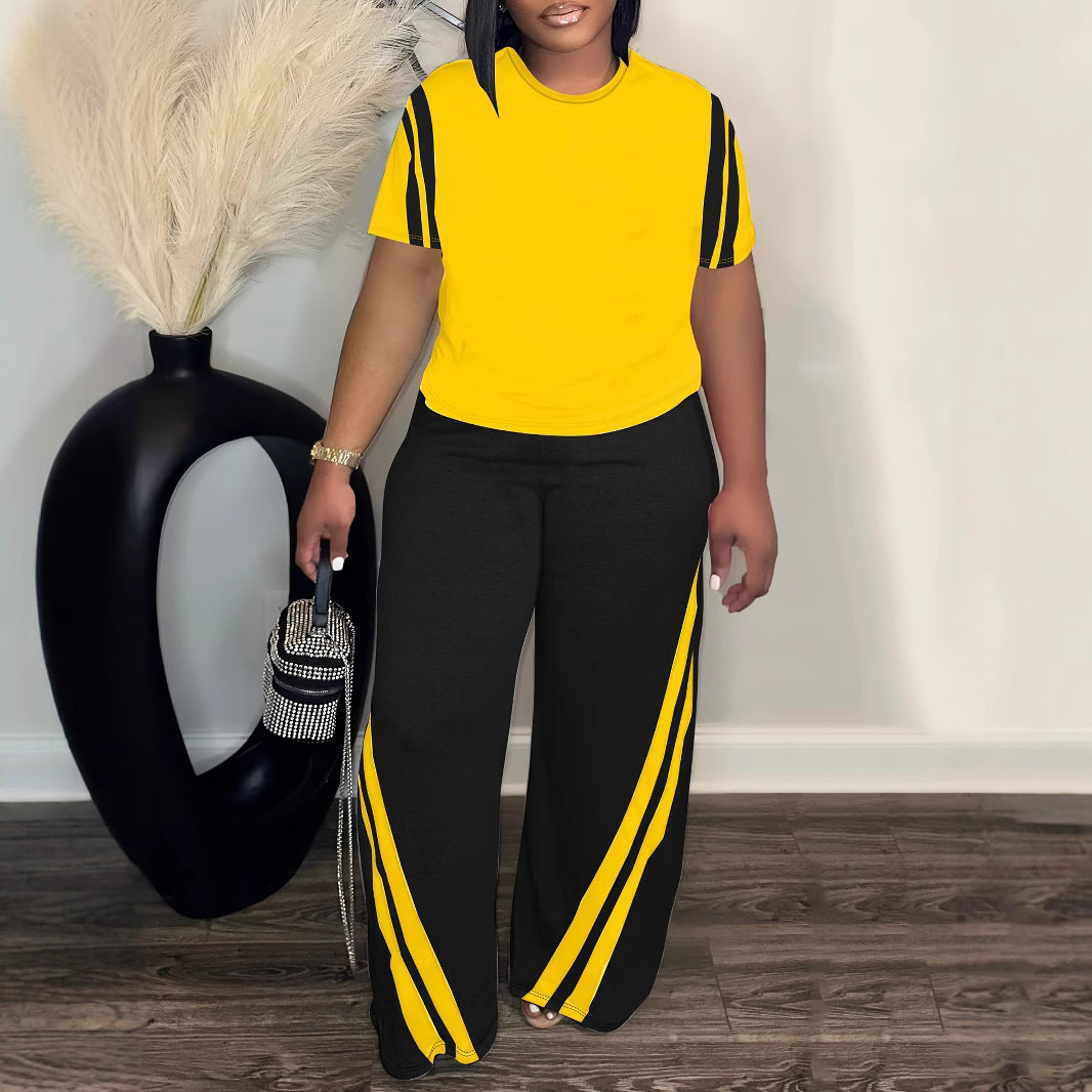 Plus-size Striped Printed Two-piece Set Crew-neck Short-sleeve Top And Pants