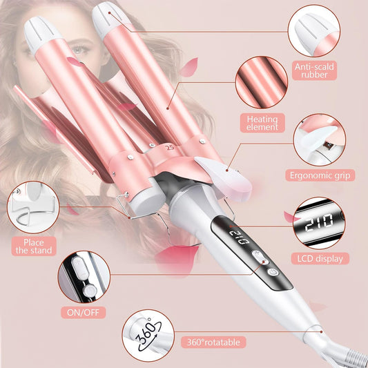 Rizador De Pelo Profesional 3 Tubo, Rizador Pelo Ondas Plancha 32Mm, Plancha Ondas Al Agua Cerámica De Pelo, Con Pantalla LCD Temperatura Ajustable, Para Peinado, Ondulado, Rizado
