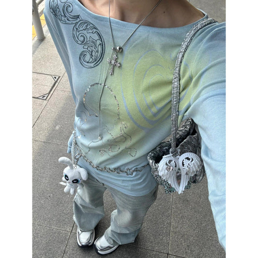 Hjerte KEWPIE Rhinestone Langærmet Slim Fit Slankende Top