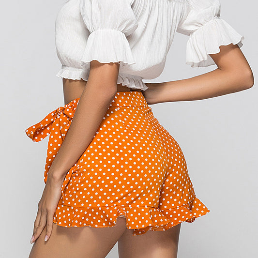 European And American Sexy Polka Dot Ruffled Waist Band Short Culottes