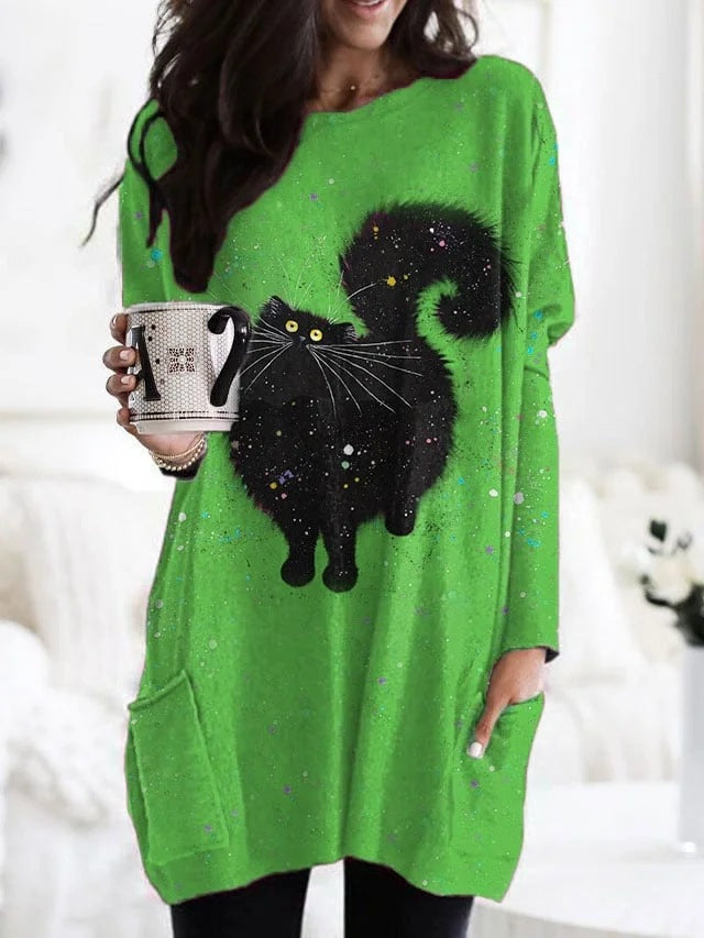 Printed Round Neck Long Sleeve Women's Bag Hip Dress