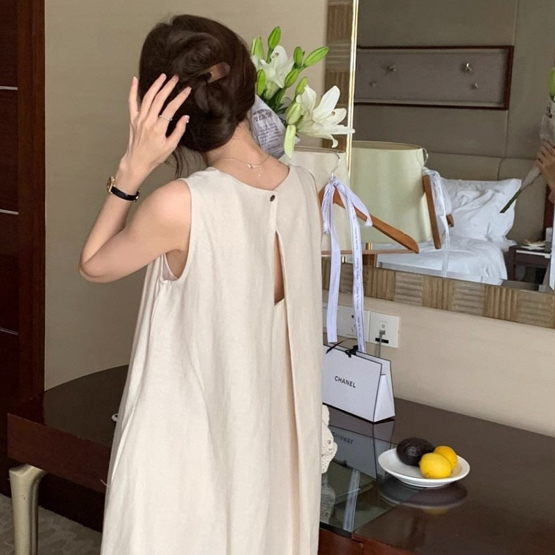 Elegant Midi Round-neck Sleeveless Vest Dress