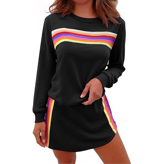 Simple Loose Rainbow Round Neck Sweater Trousers Two-piece Set