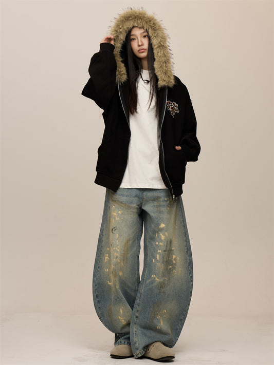 Stitching Loose Retro Fashion Brand Couple Casual Zipper Top