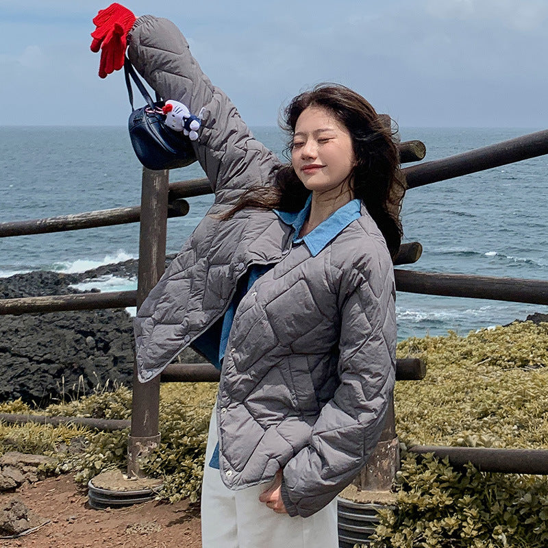 Korean Style Down Cotton Jacket Women's Short Light Round Neck