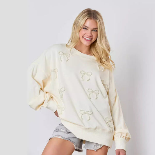 Efterår og Vinter Ny Europæisk Og Amerikansk Perler Sløjfe Dekoration Langærmet Sweater
