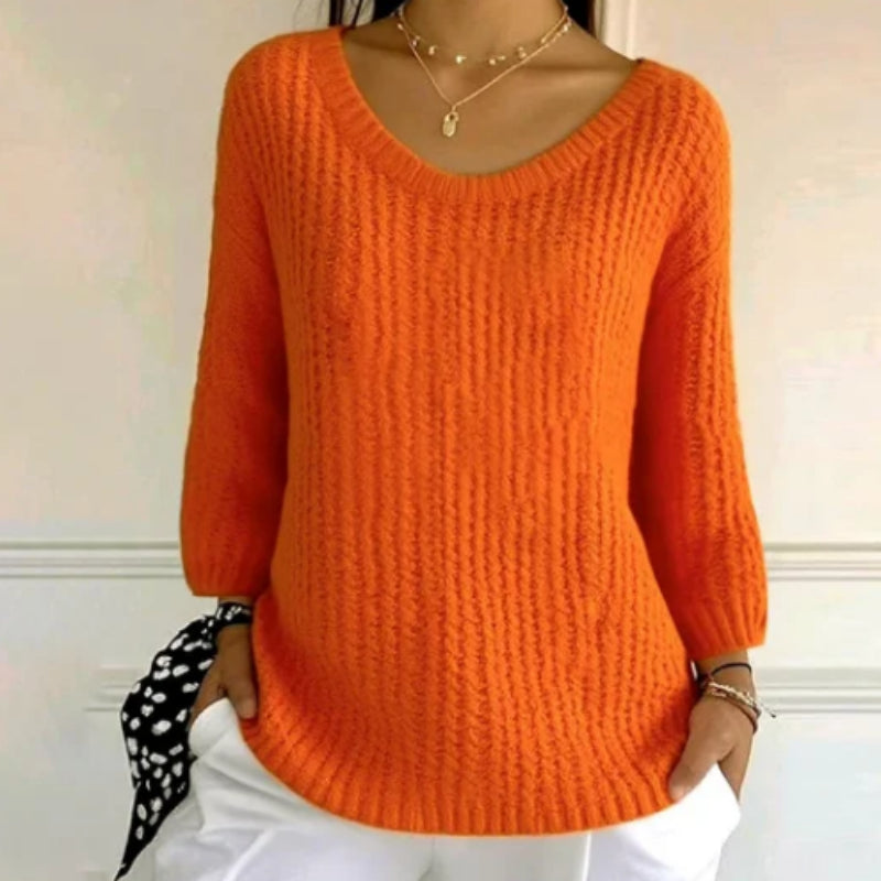 Women's Orange Plain Long Sleeve Sweater