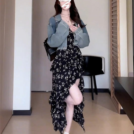 Black Floral Slip Dress Asymmetrical Midi Skirt