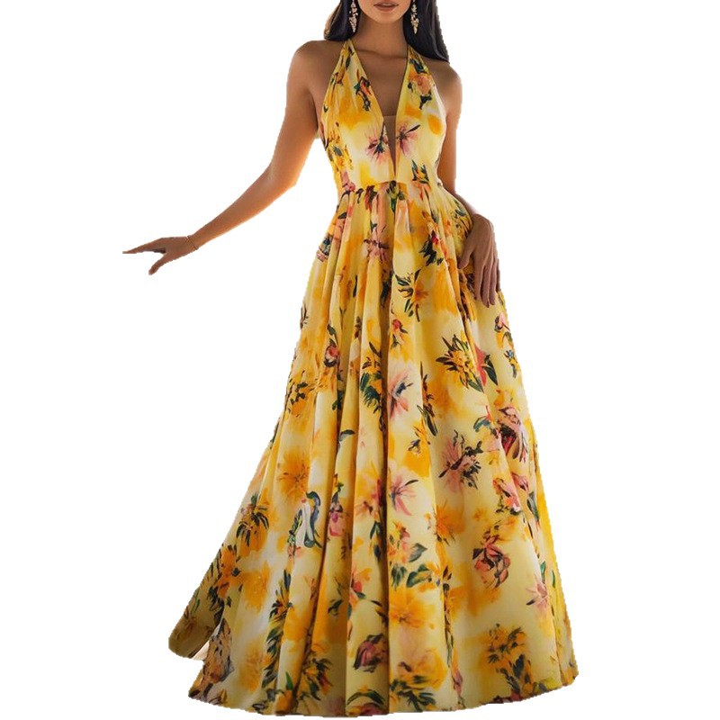 Womens Printed V-Neck Defined-Waistline Long Slip Dress