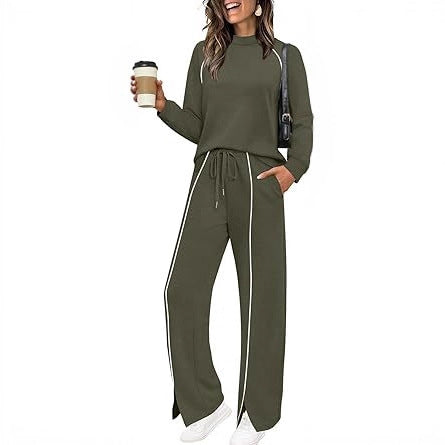 Round Neck Long Sleeve Stretch Leg Slit Casual Sweatshirt Outfit