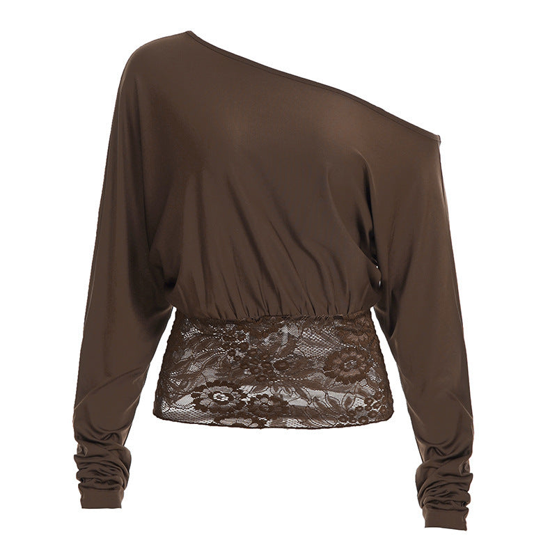Womens Sexy Off-Shoulder Cropped Top With Hollowed-Out Lace Panels
