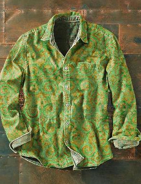 Mens Color-Block Printed Long-Sleeve Button-Up Top