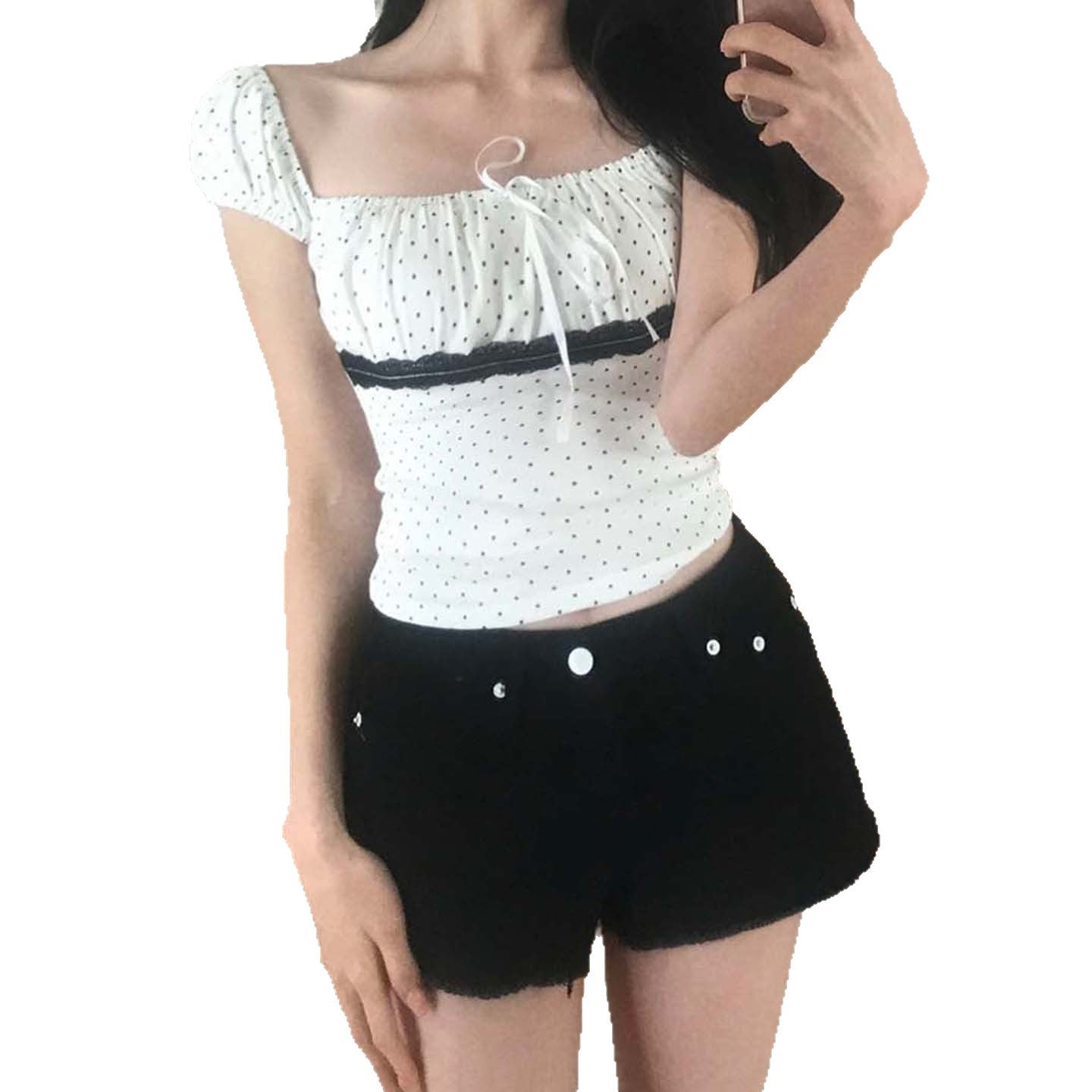 Women's Polka Dot Lace Stitching Tied Square Collar Short Sleeve Top