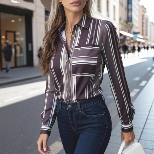 Elegant Sophisticated Striped Patchwork Print Blouse With Long Sleeves For Workwear