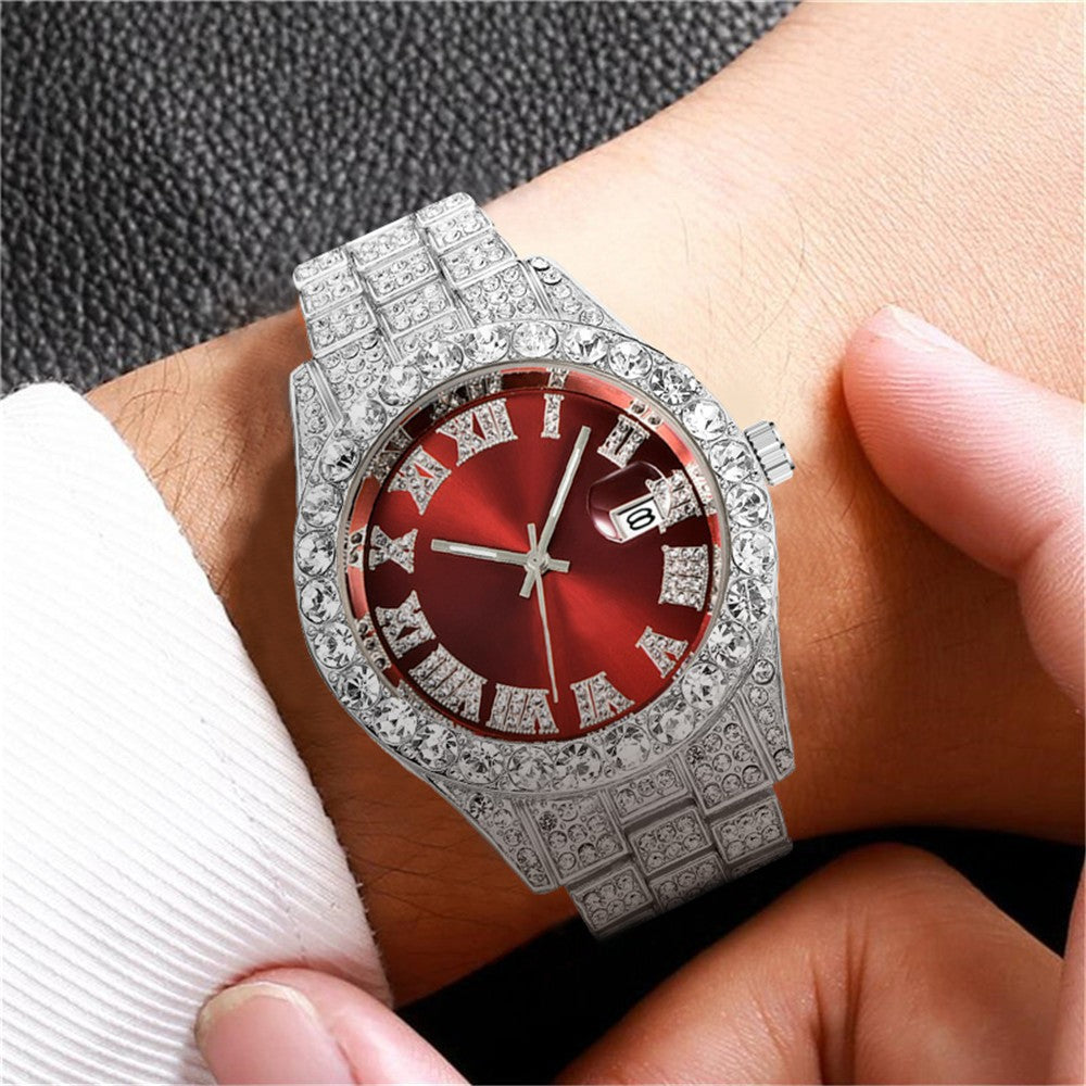 Diamond Roman Steel Belt Calendar Men's Quartz Watch