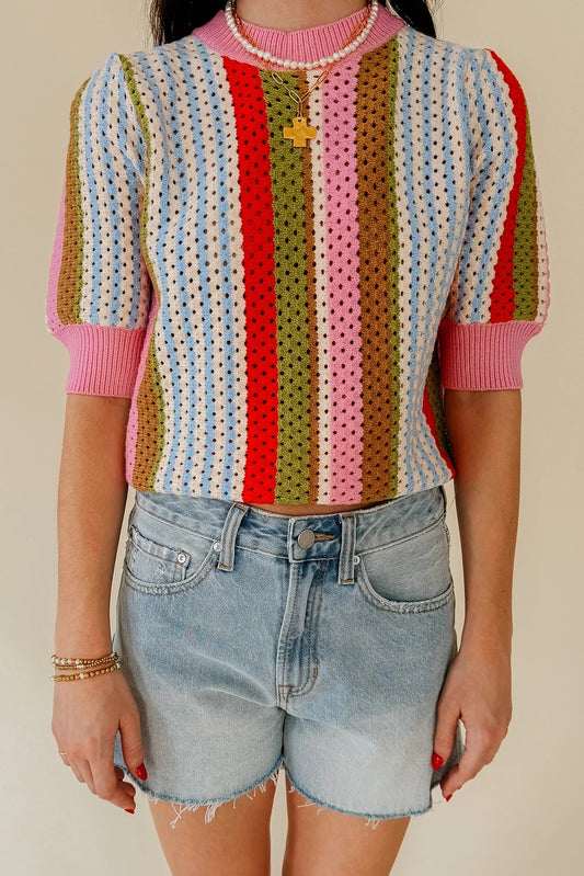 Multicolor Striped Hollow-out Knit Short Sleeve Sweater