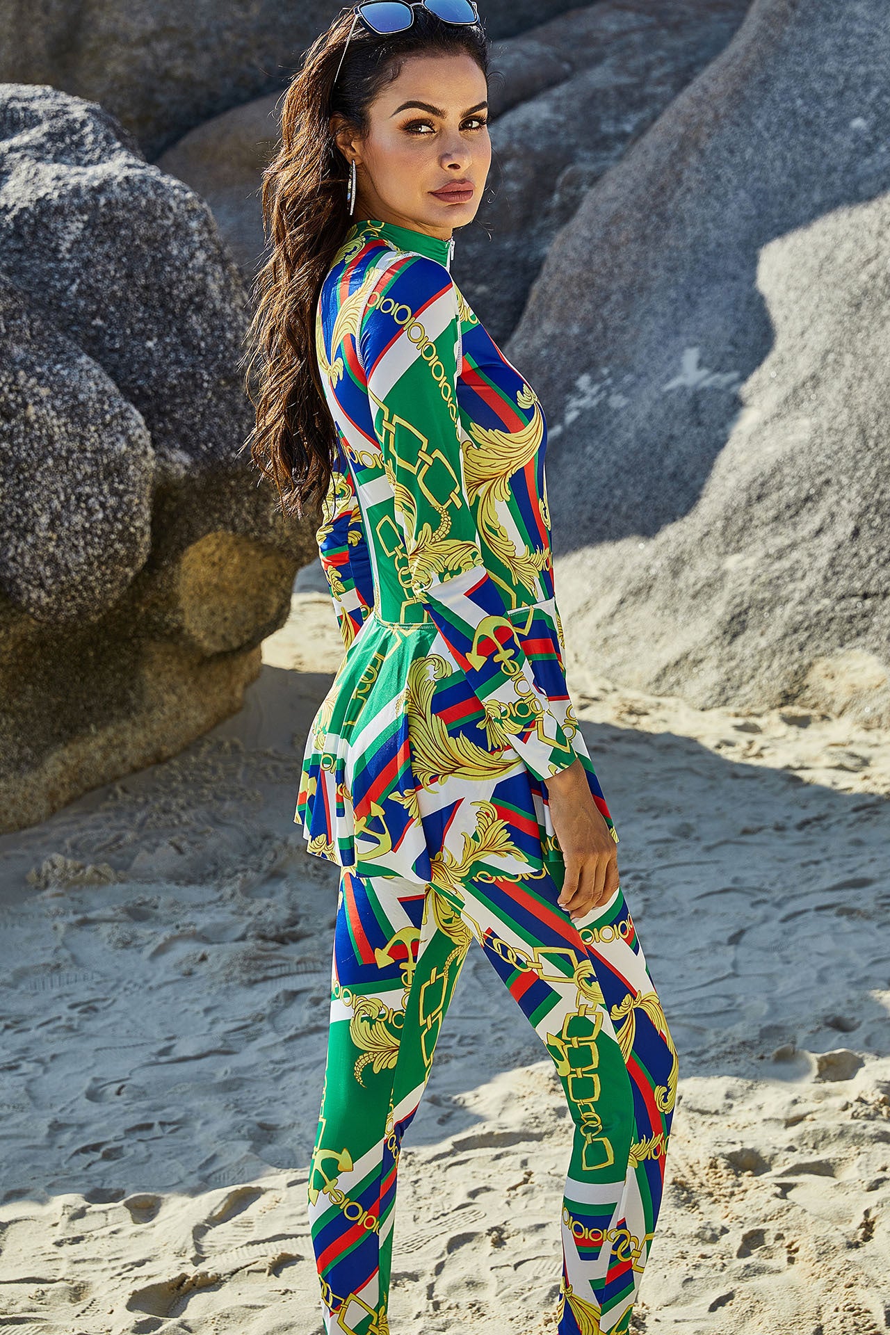 Womens Printed High-Neck Long-Sleeve Sun-Protective One-Piece Swimsuit