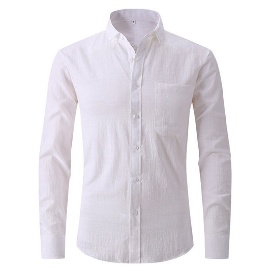 Men's Cotton And Linen Solid Color Long Sleeved Business Slim Fitting Dress