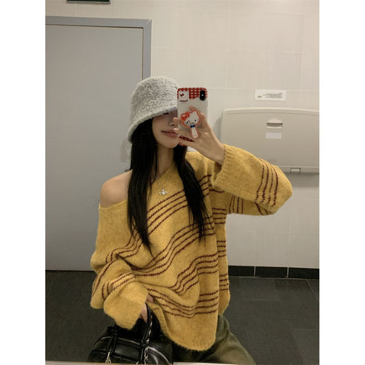 Lazy Style Striped Color-blocking Off-shoulder Knit Sweater Women's New Springautumn Style