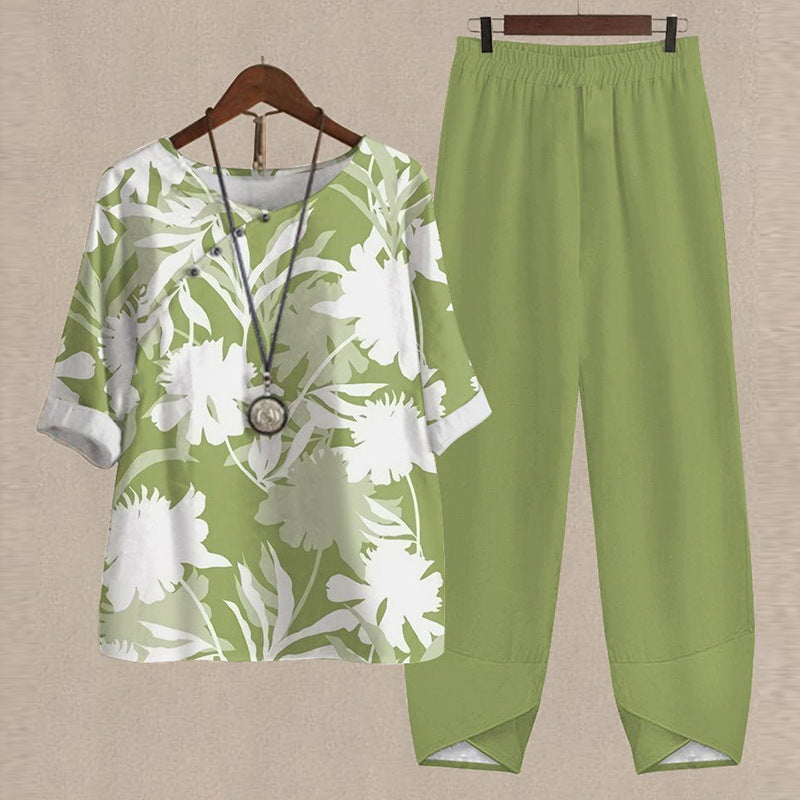 Women's Five-quarter Sleeve Printed Top Two-piece Pants