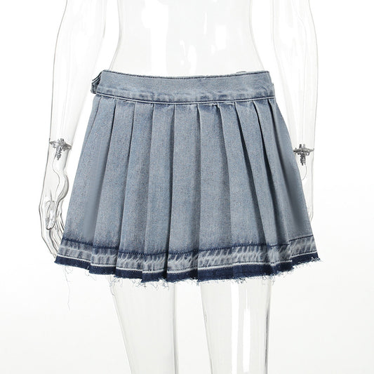 Casual High Waist Pleated Denim Skirt For Women