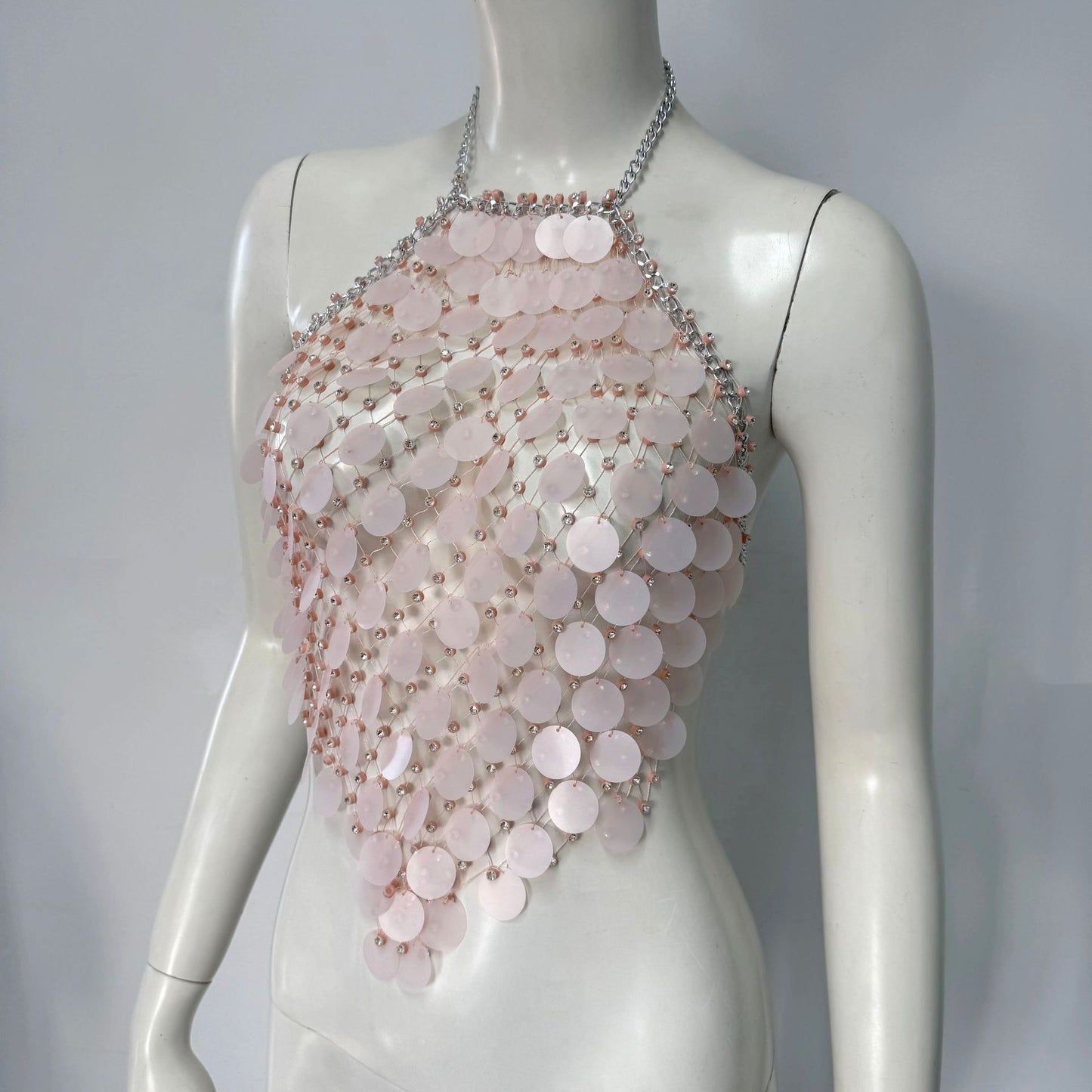 Fishnet Rhinestone Halter Spaghetti Straps Sequined Top