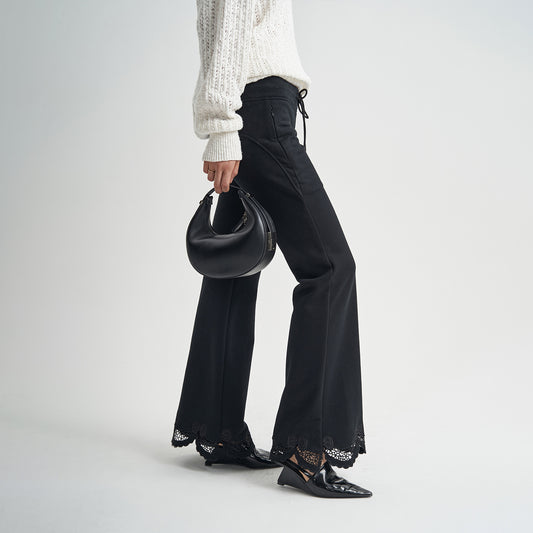 Black Trousers Lace Drawstring Women's High Waist