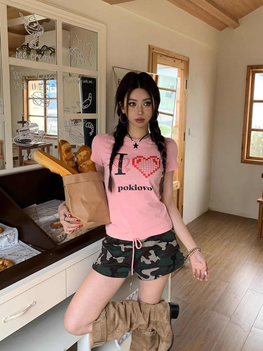 Shoulder T-shirt Female With Hearts Printed Short Sleeve Slim Top