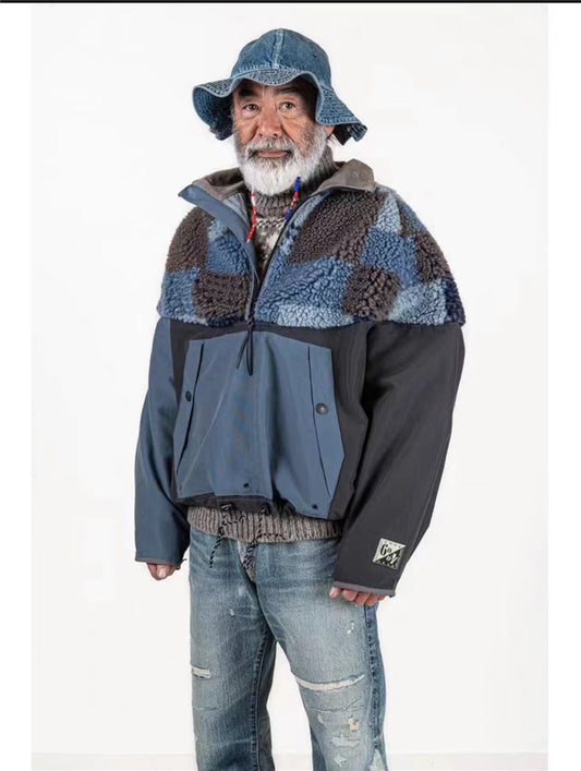 Polar Fleece Checkerboard Stitching Tooling Color-blocking Warm High-neck Jacket