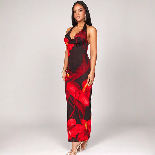 Printed Fashionable Sexy Halterneck Lace-Up Bodycon Dress