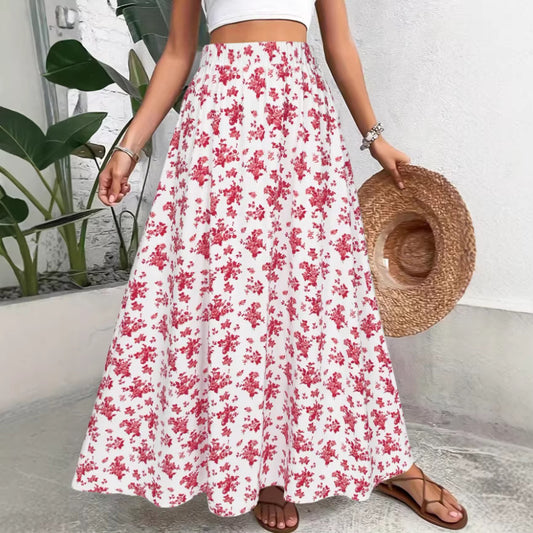 Bohemian Floral Print Waist-Cinching Lightweight Flowy Summer Maxi Skirt