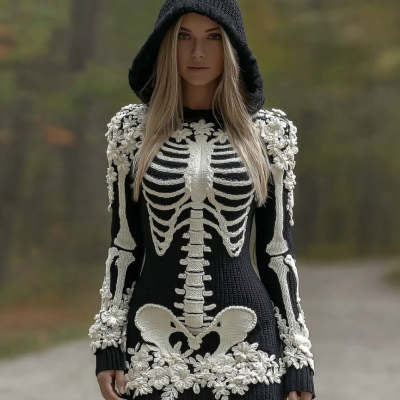 New Digital Dress With A V-neck And Long Sleeves