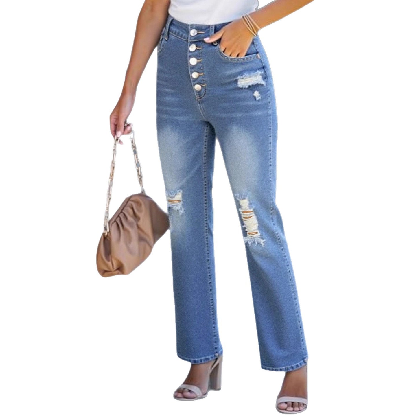 Dame Højtaljede Lige Jeans med Knaplukning