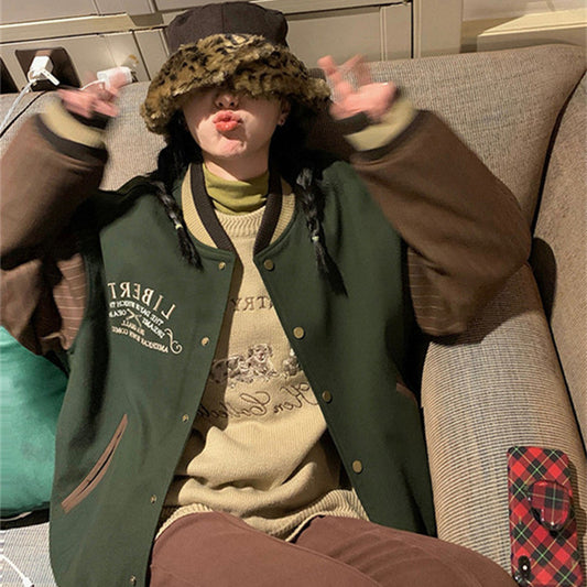 Thickened Quilted Women's All-match Green Retro Baseball Uniform