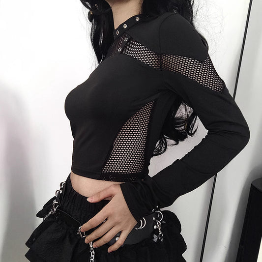 Autumn And Spring Dark-Style Punk Fashion Slim-Fit Hollowed-Out Long-Sleeve Top
