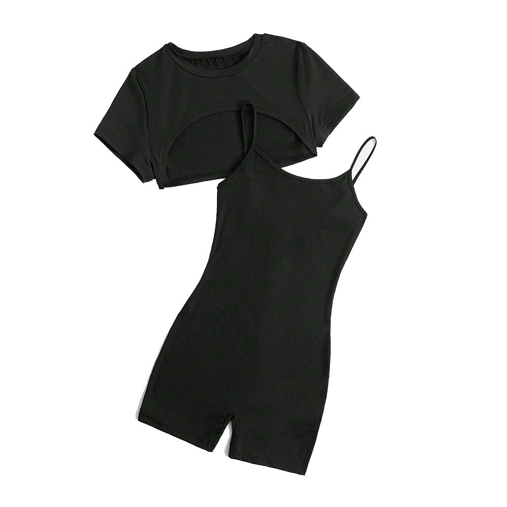 Chic Short Romper Jumpsuit Set With Spaghetti Straps